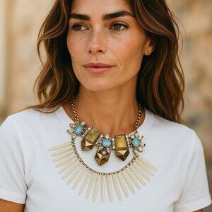 Statement Bib Necklace Faceted Geometric & Crystal Floral Accents Chunky Gold